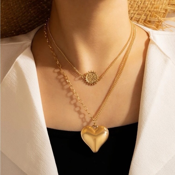 Gold Heart Pendant Disc Layered Necklace - Picture 1 of 2